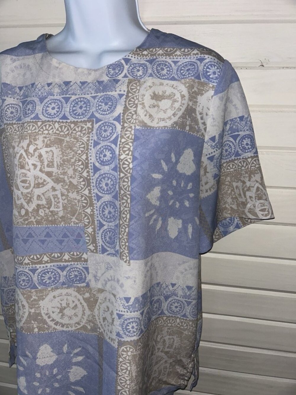 VTG Kathy Che Sz ?? (See Meas) Blue Ivory Patchwork Blouse Pullover S/S EUC